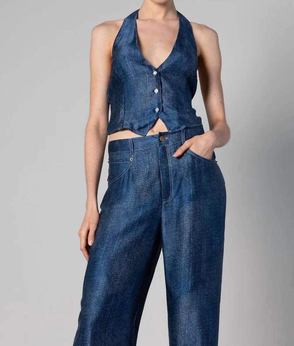 NEW ANAPHE silk halter waistcoat in dark wash denim